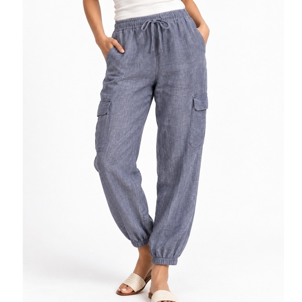 Nicole Miller Womens 100% Linen Jogger Pants Blue Gray M Drawstring Cargo Pants